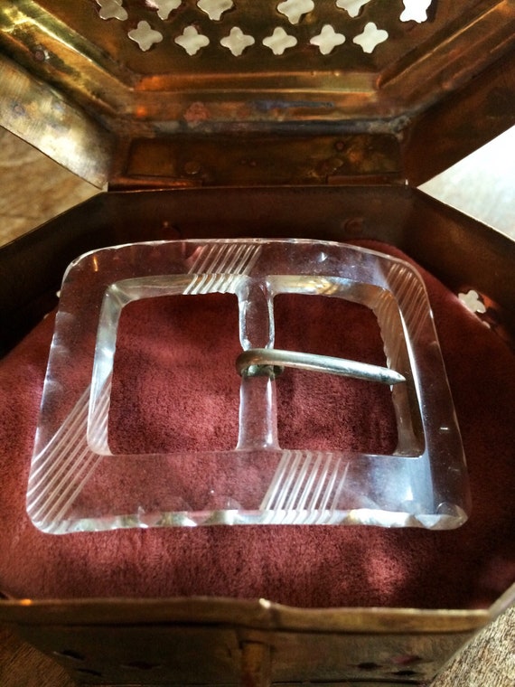 1920s Cut Czech Glass Belt Buckle – Etched Clear Glass, Art Deco