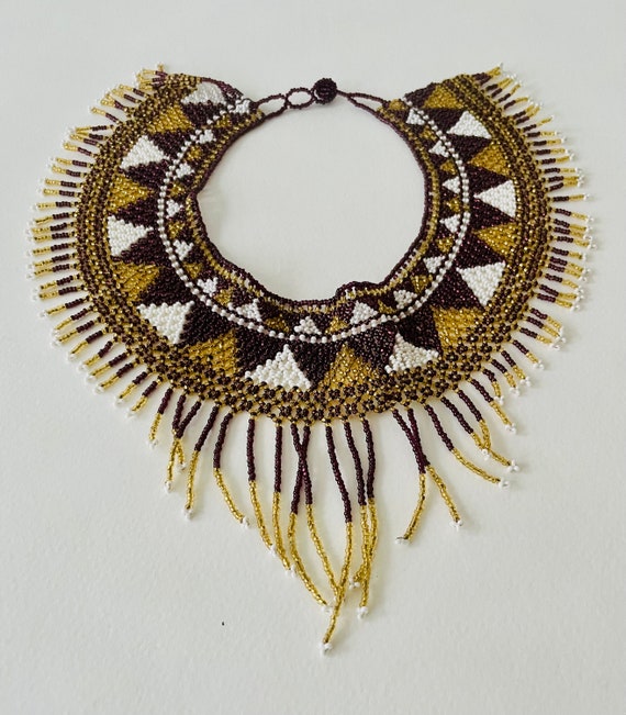 Purple Gold and White Handbeaded Bib Necklace