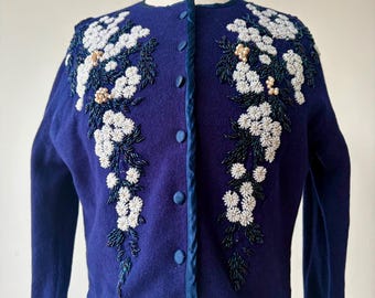 Vintage Beaded Cashmere Cardigan Princess Scott Blue Floral Sweater 1950s 1960s Cropped Cashmere Cardigan