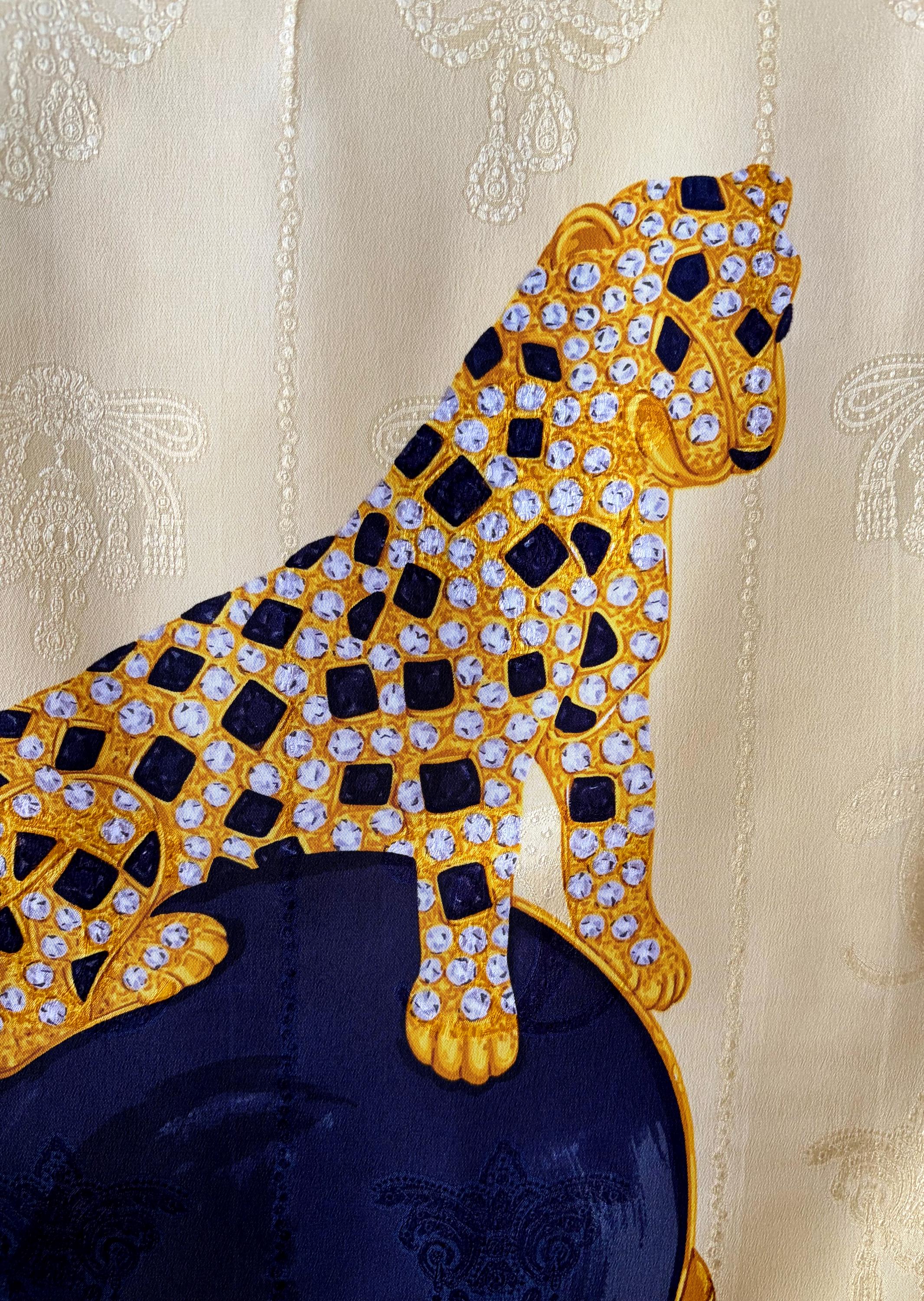 Vintage Must De Cartier Silk Scarf Panther Jewelry Print Gold