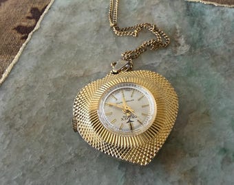 Vintage Heart Pendant Watch Necklace Dramex Swiss Gold Tone Mid Century Statement Jewelry