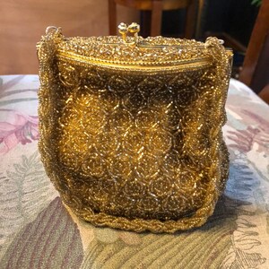 Vintage Copper Metallic Glass Beaded Clutch by Walborg. Old Hollywood