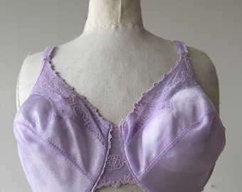 Vintage Lily of France Lilac Satin Bra 36B Lace Trim Sheer Back 90s Lingerie