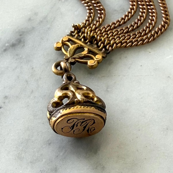 Chaîne de montre en laiton de style victorien avec monogramme FOB | Segment de chaîne de gilet court | Chaîne de montre de poche dorée antique