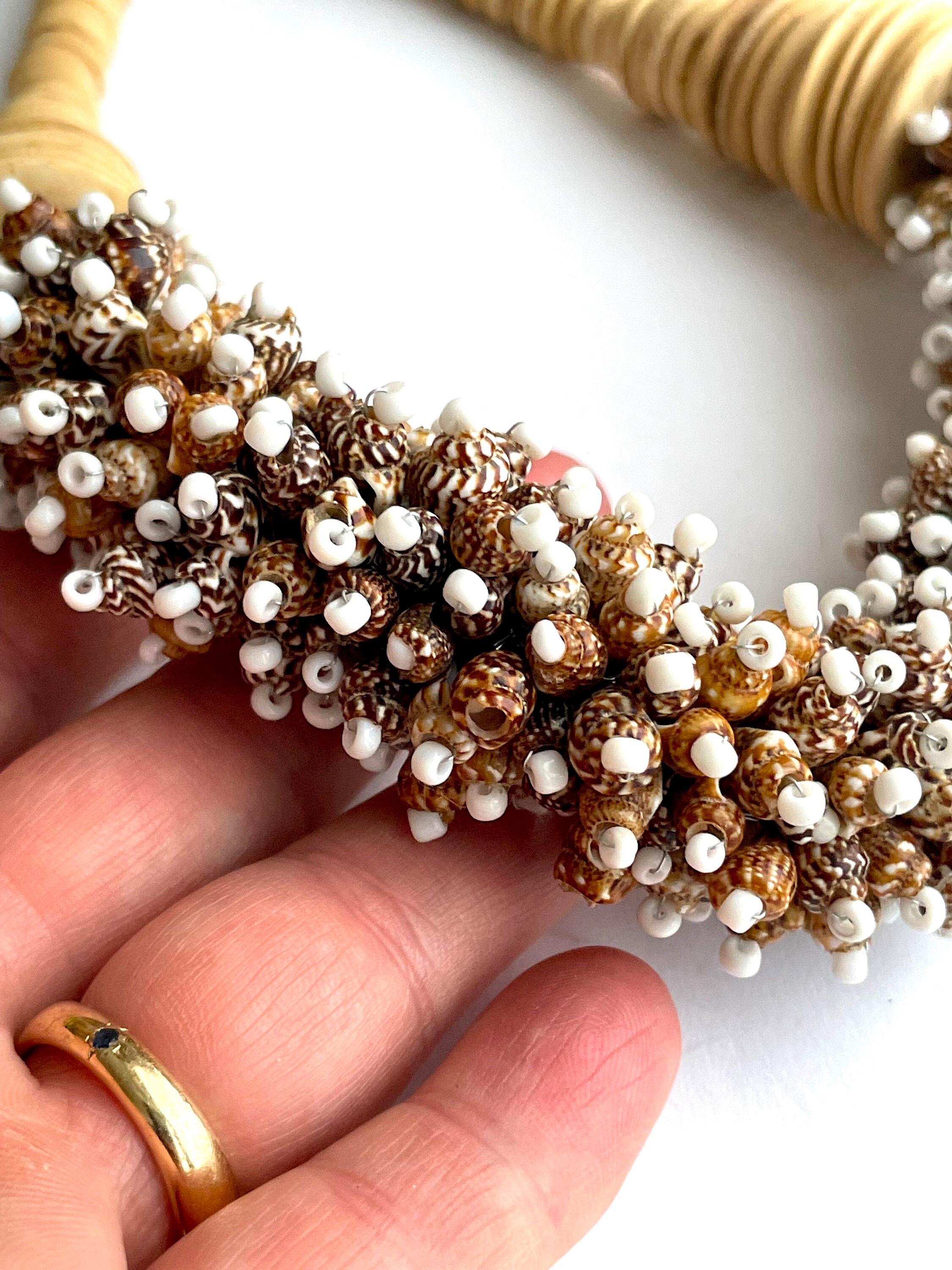 90s Boho Seed Bead & Shell Choker, Light Wood Discs - Etsy