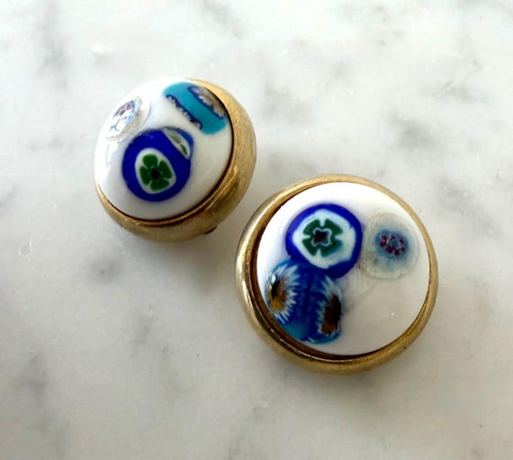 Vintage Millefiori Glass Clip-On Earrings | Italian Murano Style White Mosaic Glass | Gold Tone Retro Studs