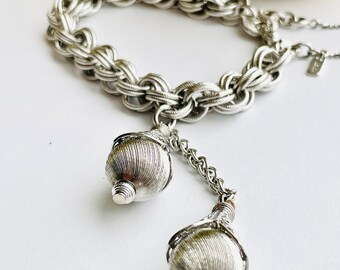 Signed 'Monet' 60s Silver Tone Acorn Linked Charm Bracelet