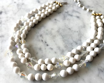 Vintage 1960s Triple Strand White Bead Necklace | Aurora Crystal Spacers | Mid Century Bridal Jewelry