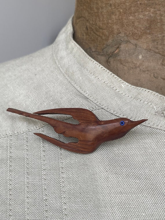 Carved Wood Bird Brooch - image 1