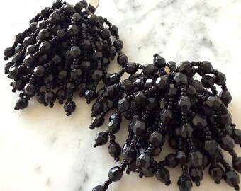 Vintage Black Beaded Fringe Shoe Clips | Dramatic Jet Bead Tassel Shoe Accessories | Gothic Glam Statement Clips
