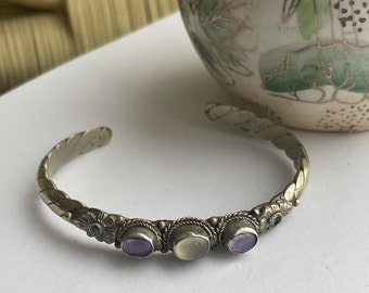 1990s Nepalese Silver Cuff with Mixed Semi-Precious Stones