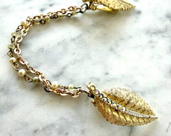 Vintage Leaf Sweater Clip | 1960s Rhinestone Sweater Guard
