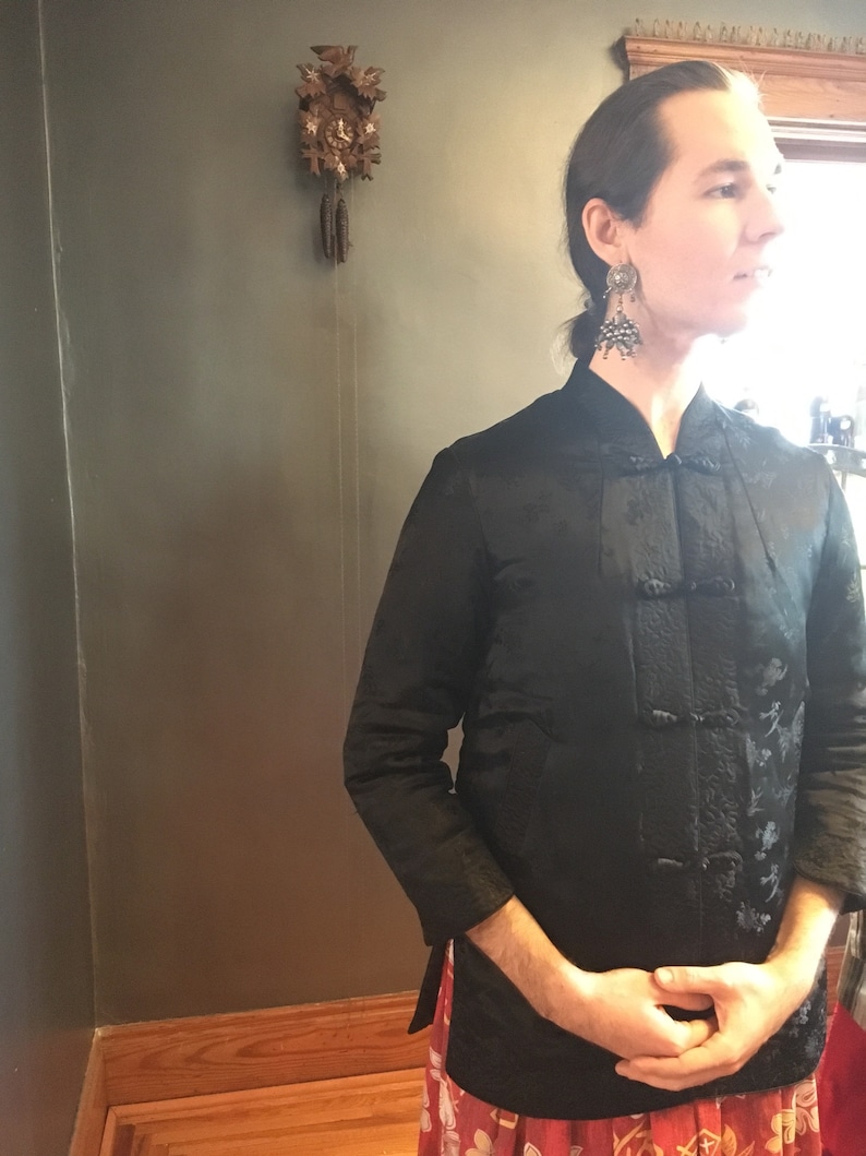 1980s Black Padded Silk Tang Chinese Jacket