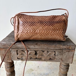 Vintage 1980s Brown Snakeskin Crossbody Bag | Small Python Leather Purse | Compact Travel Bag | Minimalist Exotic Leather Shoulder Bag