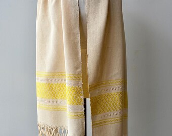 Handwoven Cotton Shawl – Yellow Chevron Fringe Wrap – Mexican Boho Textile
