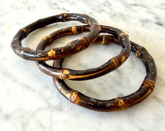 Vintage Bamboo Bangle Bracelets Set of 3, Tortoiseshell Resin Bangles, Mid Century Tropical Jewelry, 1960s 1970s Stack Bracelets