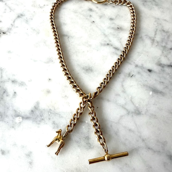 Chaîne de montre de poche en laiton antique avec breloque cheval | Chaîne Albert de style néo-victorien | Porte-clés équestre