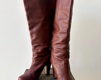 Vintage 1970s Oxblood Leather Knee High Boots | Stacked Wood Heel