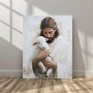 Jesus and the Lamb of God Wall Art | Modern Catholic Biblical Artwork | Religious Canvas for Home Decor