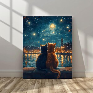 窓の外を眺める2匹の猫、窓枠に座る猫の美しい壁アート、黒猫アート 