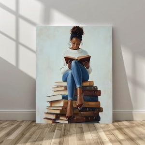 Black Woman Reading Book Art Print | African American Wall Art & Cozy Decor | Printable Black Girl Digital Art for Book Lovers
