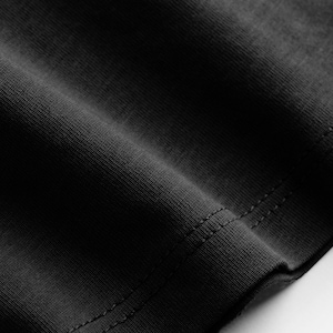 May include: Close-up of a black fabric, likely a garment, with visible texture and stitching along the edge. The fabric appears to be a knit material, possibly cotton or a blend, with a subtle sheen.