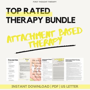 May include: A digital download bundle of printable worksheets for attachment-based therapy. The bundle includes a progress note template, a therapy 101 guide, attachment-based therapy questions, and attachment-based therapy interventions. The worksheets are in black and white with a yellow highlight on the title.
