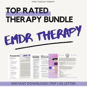 May include: A digital download bundle of printable PDF documents for EMDR therapy. The bundle includes a progress notes template, EMDR therapy questions, eye movement reprocessing instructions, and an EMDR therapy 101 guide. The documents are in US Letter size.
