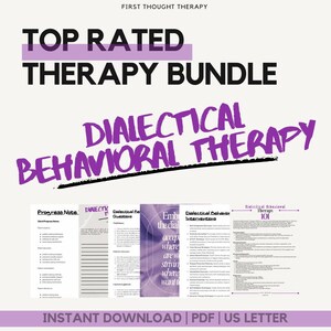 Puede incluir: Un paquete imprimible de hojas de trabajo de terapia conductual dialéctica (TCD). El paquete incluye hojas de trabajo para notas de progreso, preguntas dialécticas, intervenciones y TCD 101. Las hojas de trabajo están en un esquema de color morado y blanco con el texto "DESCARGA INSTANTÁNEA | PDF | LETRA US" en la parte inferior.