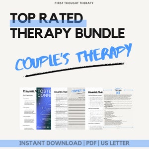 May include: A digital download titled "Top Rated Therapy Bundle" with the text "Couple's Therapy" in blue. The image includes several pages with text, including "Progress Notes" and "Couple's Therapy 101". The bottom of the image reads "Instant Download | PDF | US Letter".