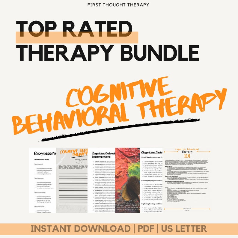May include: A digital download bundle of printable worksheets for cognitive behavioral therapy. The bundle includes four worksheets with titles: "Progress Notes", "Cognitive Behavioral Therapy", "Cognitive Behavioral Interventions", "Cognitive Behavioral Therapy 101". The worksheets are in a US letter format and are available for instant download.