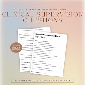 Puede incluir: Una guía imprimible con el título "Preguntas esenciales para la supervisión clínica" con una lista de preguntas para que los supervisores clínicos se las hagan a sus supervisados. La guía está dividida en secciones como "Conceptualización de casos y trabajo con clientes", "Conocimiento teórico y práctico" y "Desarrollo profesional y autocuidado".