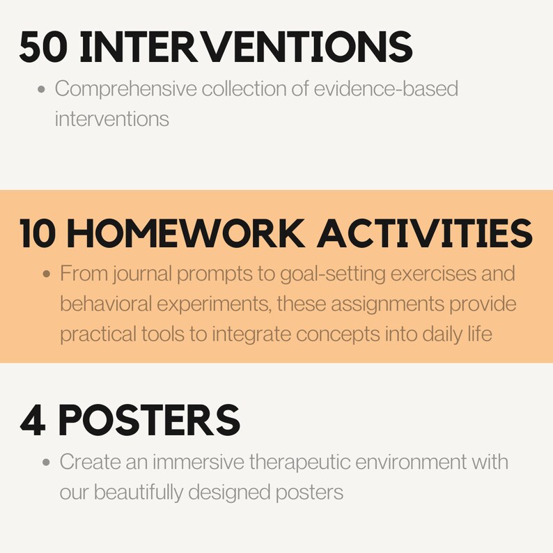 May include: A graphic with a peach background and black text. The text reads "50 Interventions", "Comprehensive collection of evidence-based interventions", "10 Homework Activities", "From journal prompts to goal-setting exercises and behavioral experiments, these assignments provide practical tools to integrate concepts into daily life", "4 Posters", and "Create an immersive therapeutic environment with our beautifully designed posters".