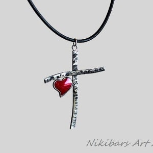 Heart Cross Necklace, Forged Steel Cross Necklace, Catholic Cross Necklace, Abstract Mans Cross Pendant, Art Cross Necklace, Cross Jewelry
