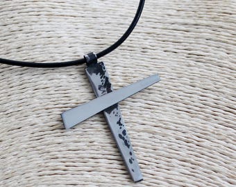Hand Forged Stainless Steel Cross Necklace - Abstract Leather Cord Pendant