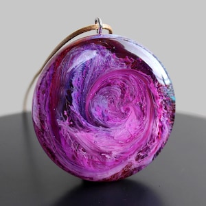 Purple Galaxy Swirl Resin Necklace – Handmade Round Pendant with Alcohol Ink – Cosmic Jewelry Gift for Her - Colorful Art Circle Necklace