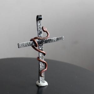 Hand Forged Snake Cross Pendant, Stainless Steel Necklace, Catholic Jewelry