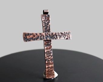 Hand Forged Copper Cross Pendant Necklace, Rustic Oxidized Finish