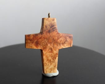 Handmade Wood Burl Cross Pendant Necklace, Tung Oil Finish