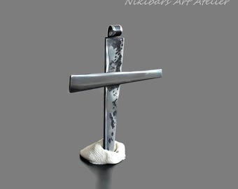 Hand Forged Stainless Steel Cross Necklace – Wrought Steel Pendant, Leather Cord
