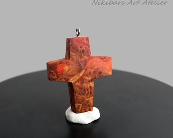Handmade Wood Burl Cross Pendant Necklace, Tung Oil Finish