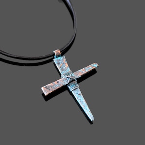 Antique Forged Cross Pendant, Rustic Hammered Copper Crucifix, Abstract Wrought Pendant, Art Men Jewelry, Gift for Man, Christian Jewellery