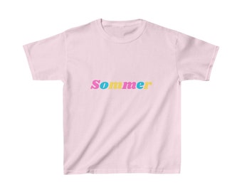 T-Shirt Kinder kurzarm mit buntem lebendigem Schriftzug "Sommer" schönes handgefertigtes Design rosa bunte Schrift sommerlich