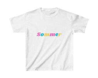T-Shirt Kinder kurzarm mit buntem lebendigem Schriftzug "Sommer" schönes handgefertigtes Design weiß bunte Schrift sommerlich
