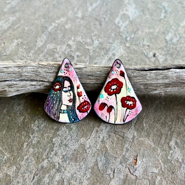 ENAMELED EARRING Pair, Artisan Enamel, Enameled Charms, Enameled Jewelry, Artisan Component, Copper Enamel, Handmade Enamel Charms