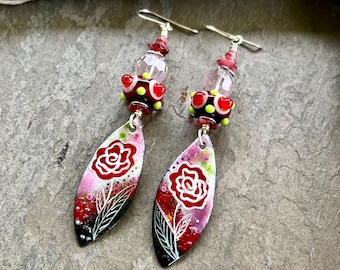 Promise Me a Rose Garden - Handmade Lampwork Earrings, Artisan Earrings, Handmade Earrings, Enamel Earrings, Glass Earrings