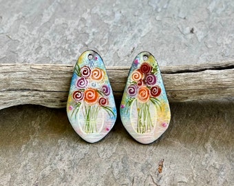 ENAMELED EARRING Pair, Artisan Enamel, Enameled Charms, Enameled Jewelry, Artisan Component, Copper Enamel, Handmade Enamel Charms