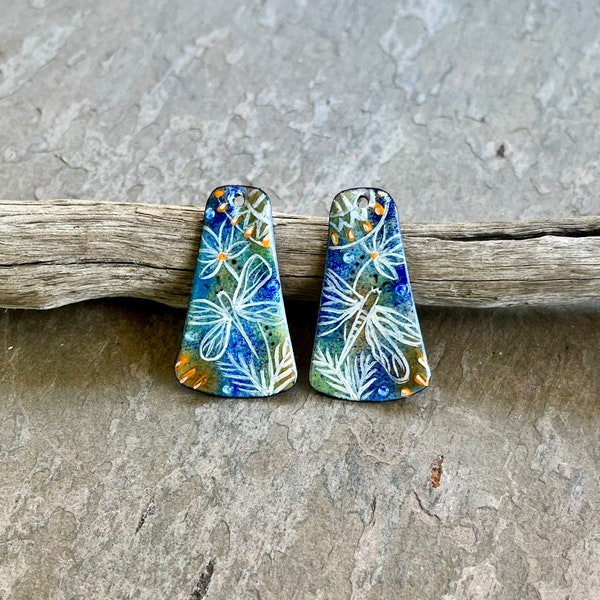 ENAMELED EARRING Pair, Artisan Enamel, Enameled Charms, Enameled Jewelry, Artisan Component, Copper Enamel, Handmade Enamel Charms