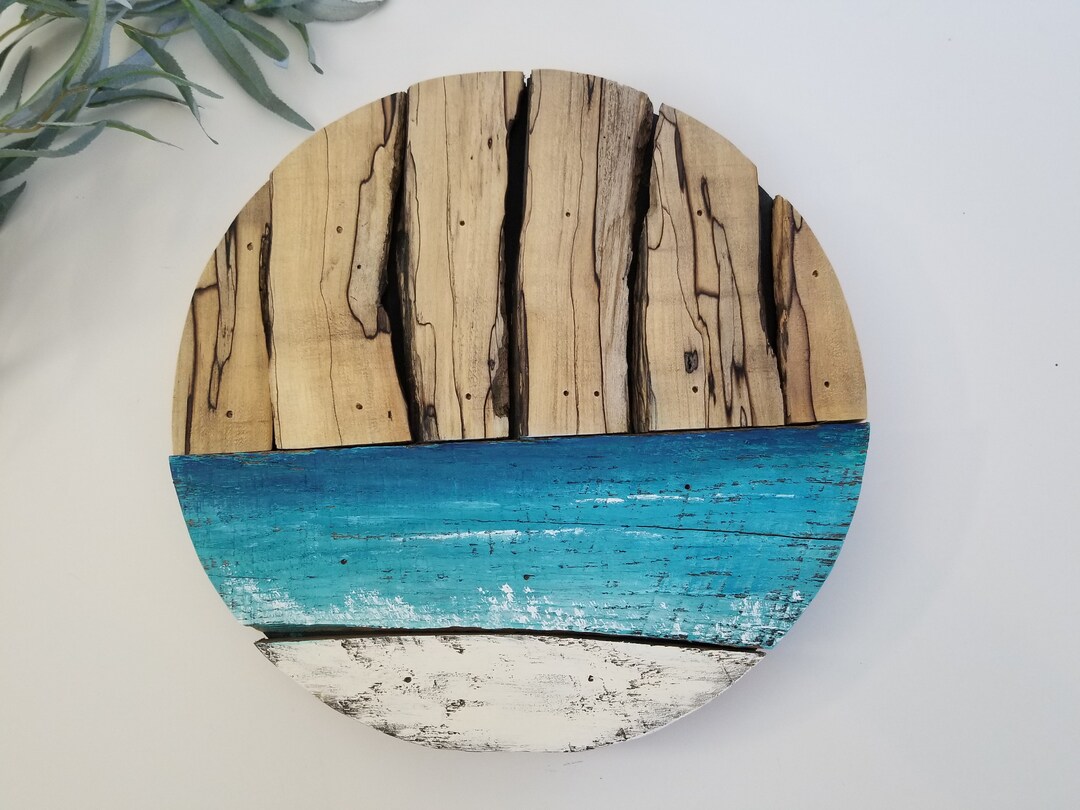 Beach Painting on Wood, Driftwood Wall Hanging, Ocean Scene Painting