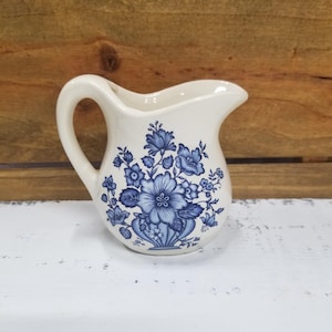 Vintage USA Pottery 4” Ceramic White Pitcher Creamer Blue Floral Design